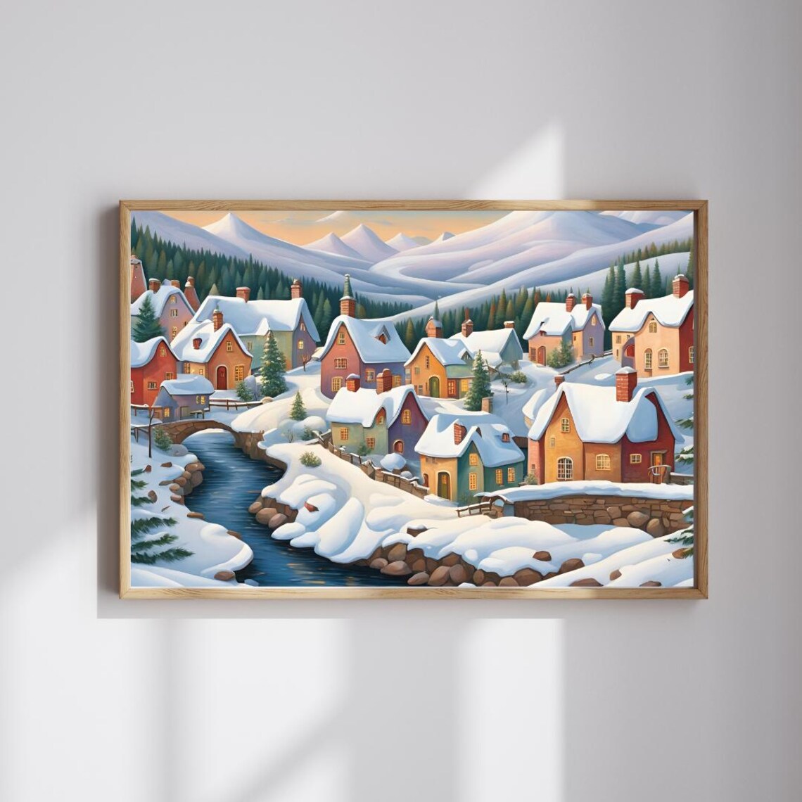 Scandinavian Winter Village Poster Snowy Cottages River Mountains