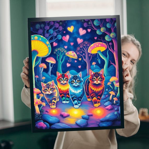 Four Neon Cats Glowing Night Mushroom Forest Magical Art Poster