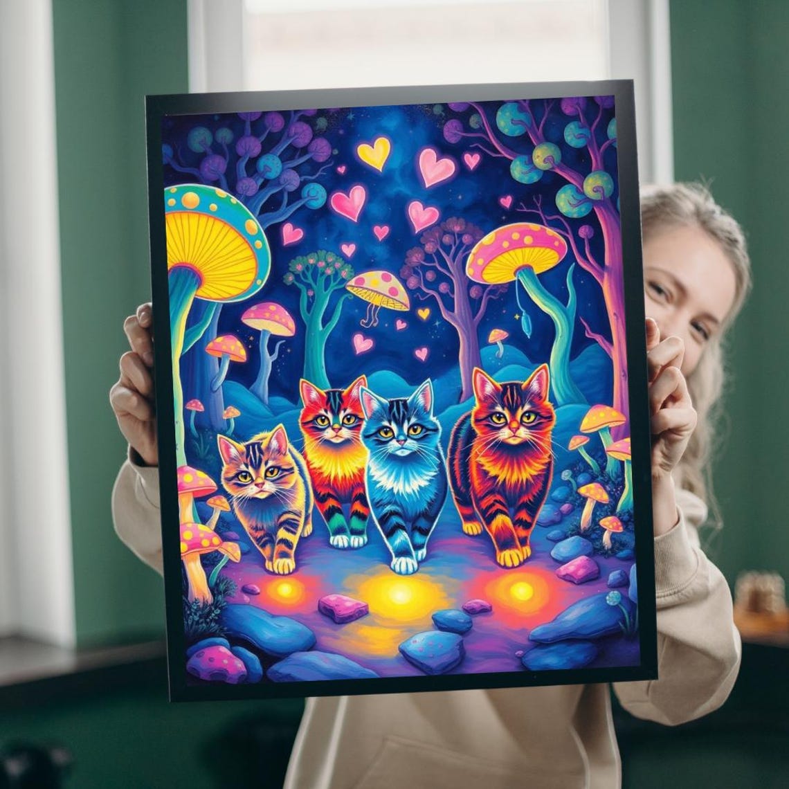 Four Neon Cats Glowing Night Mushroom Forest Magical Art Poster