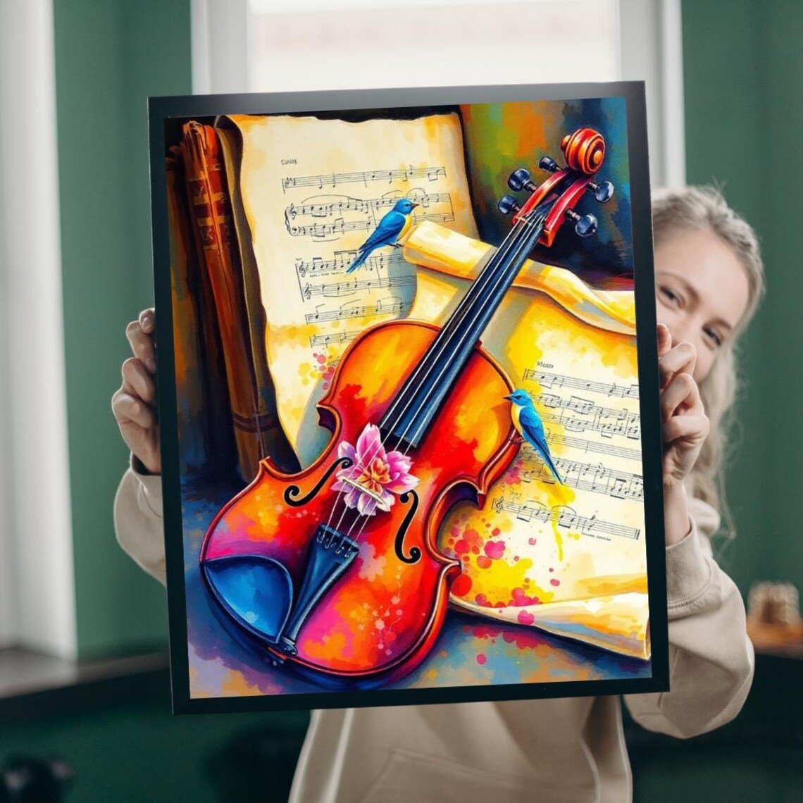 Colorful Violin With Bluebirds And Sheet Music Floral Detail Poster