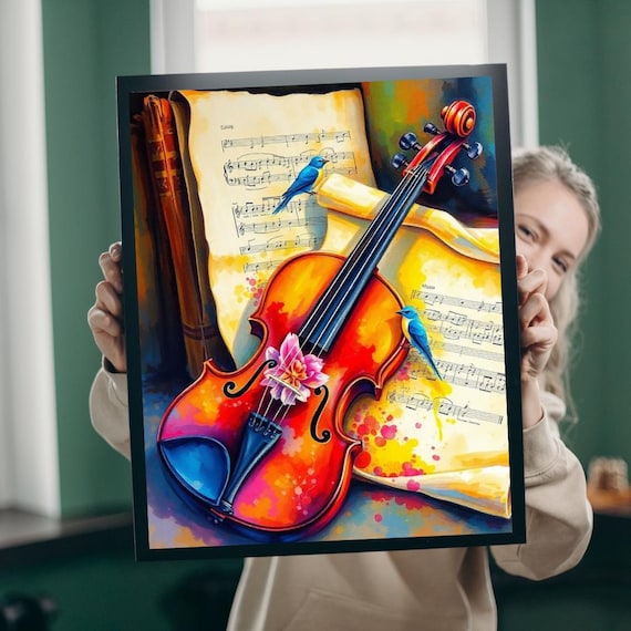 Colorful Violin With Bluebirds And Sheet Music Floral Detail Poster