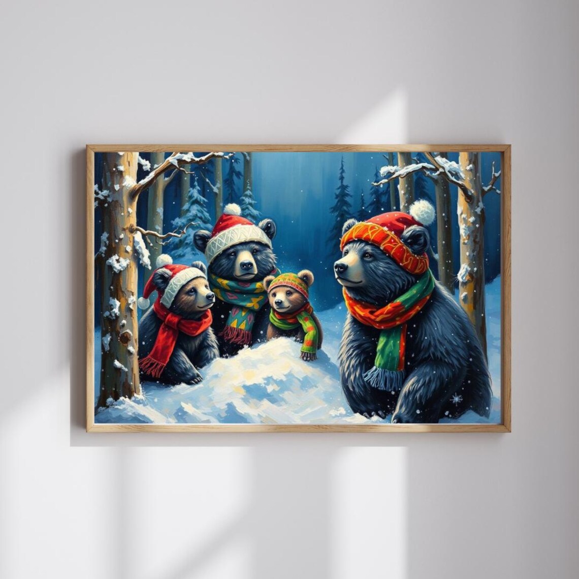 Bear Family Winter Hats Scarves Snowy Pine Forest Holiday Poster