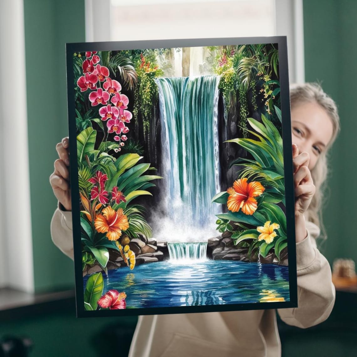 Tropical Waterfall Art Print, Exotic Jungle Scene