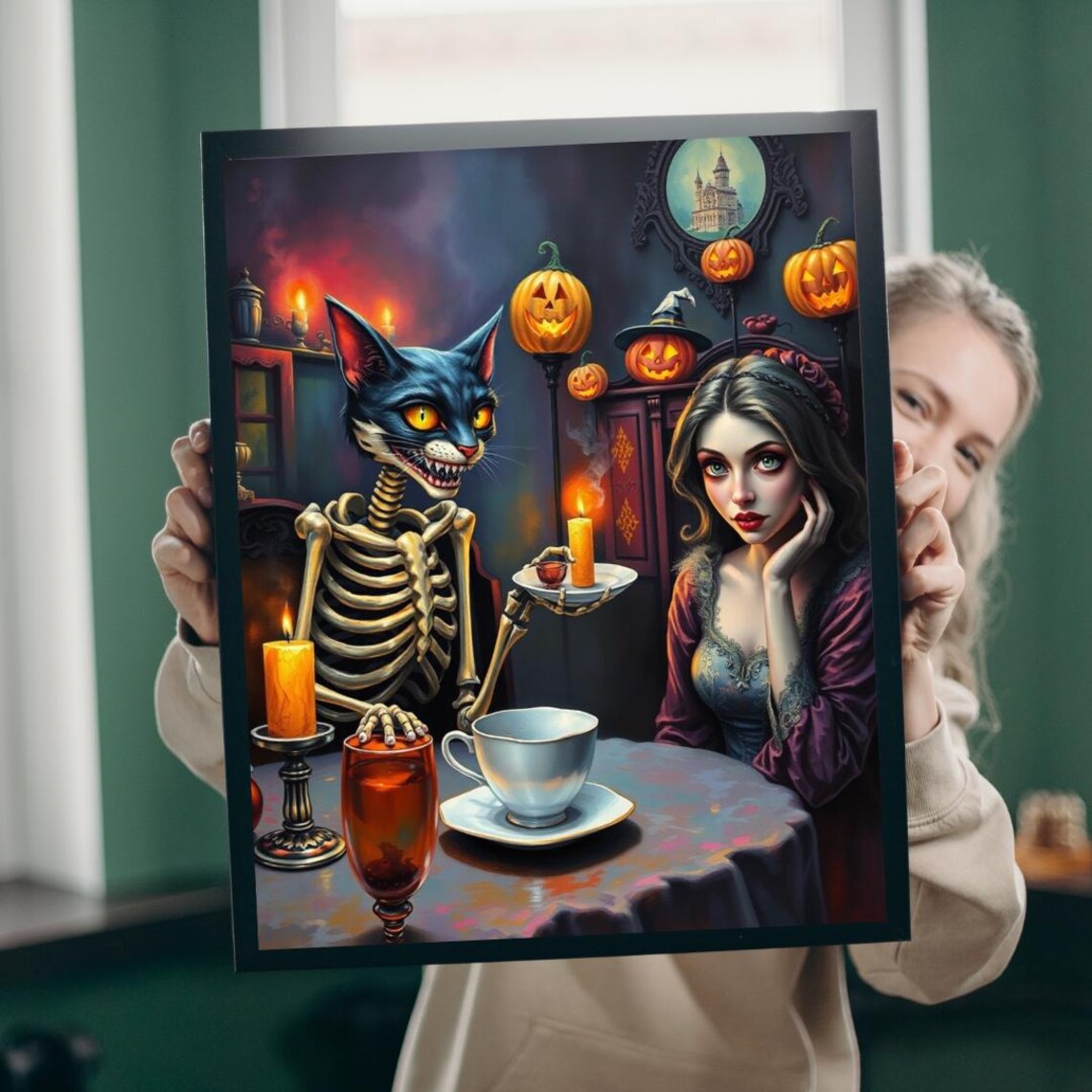 Skeleton Cat Halloween Puzzle, Gothic Spooky Art Print