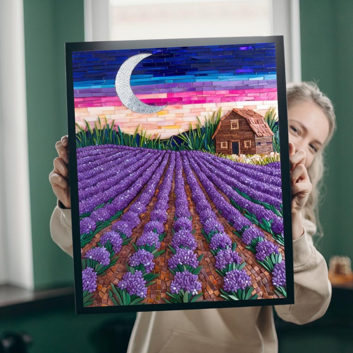 Lavender Field Crescent Moonrise Farm Barn Mosaic Art Poster