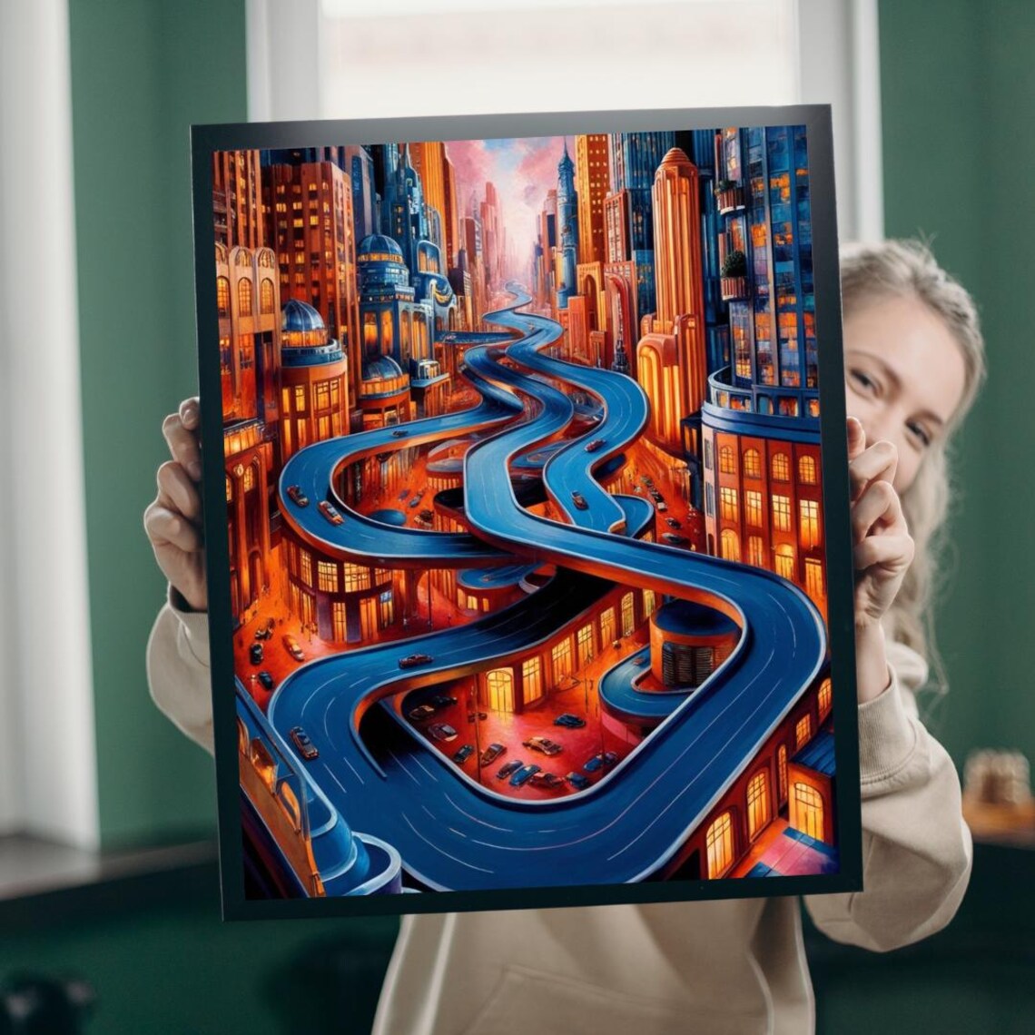 Surreal Cityscape Winding Blue Highway Futuristic Metropolis Poster