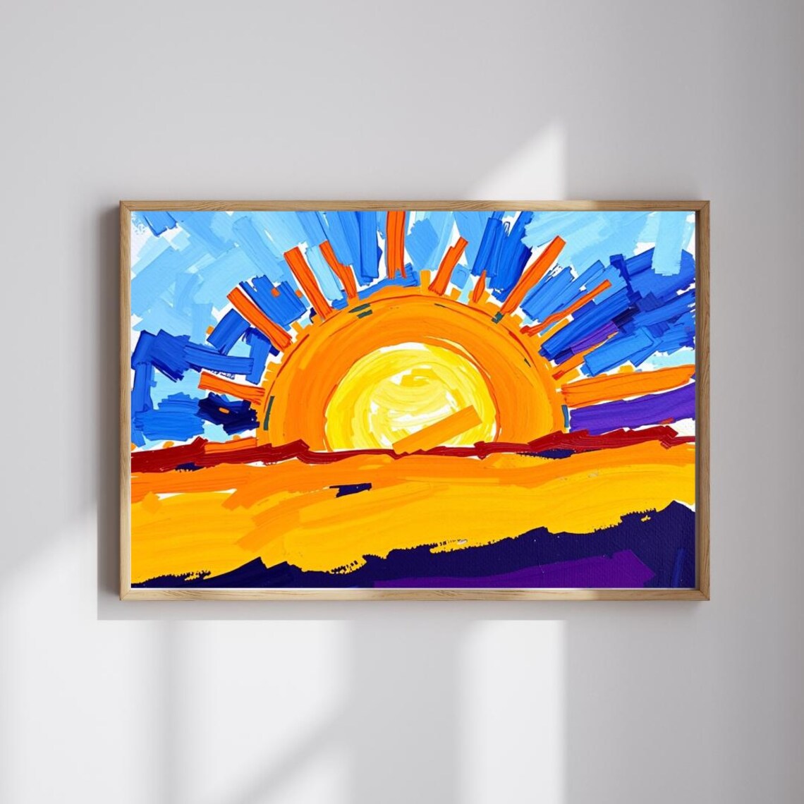 Bold Abstract Sunrise Impasto Painting Orange Sun Blue Sky Energetic Art Poster