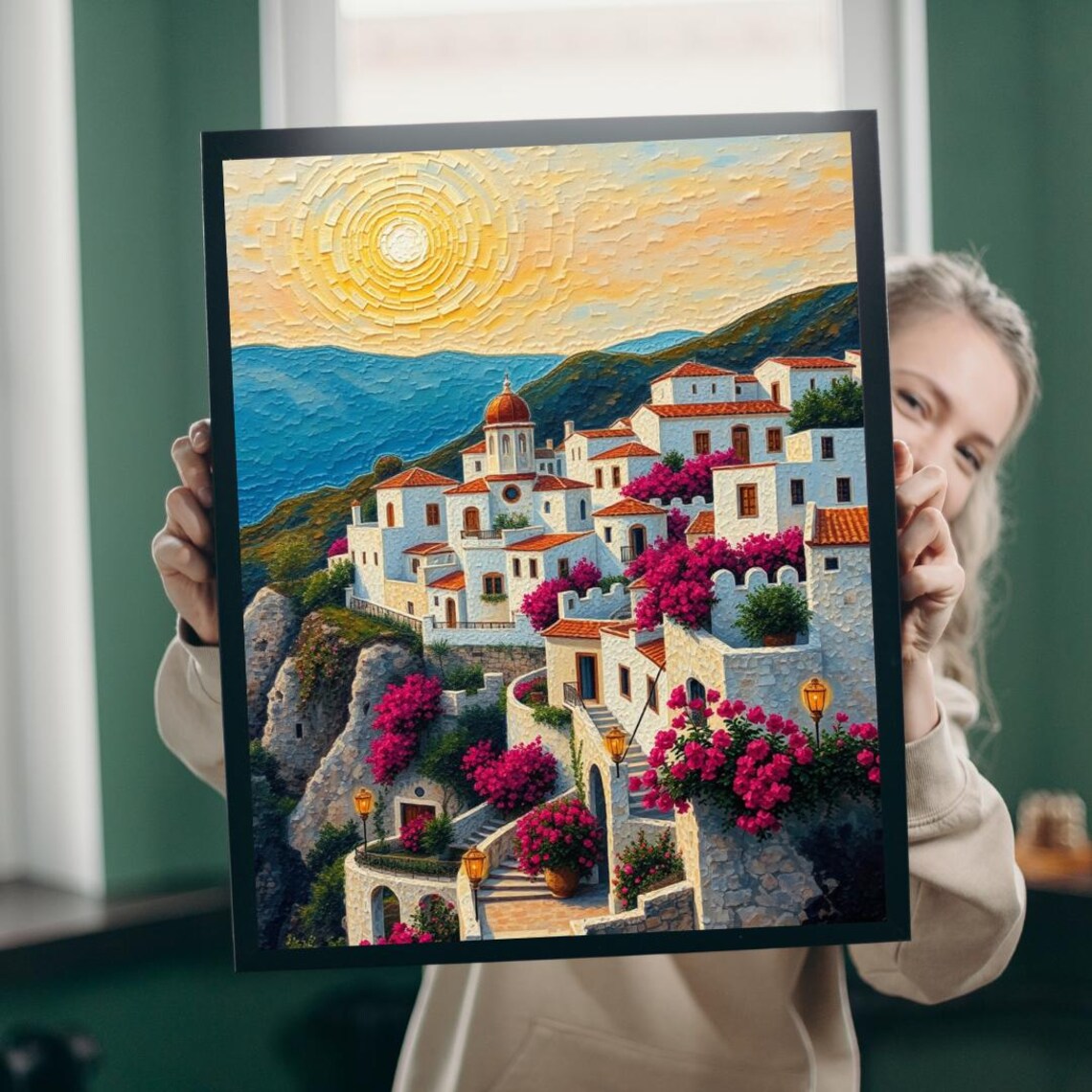 Mediterranean Village Mosaic Painting White Houses Sea View Coastal Travel Poster