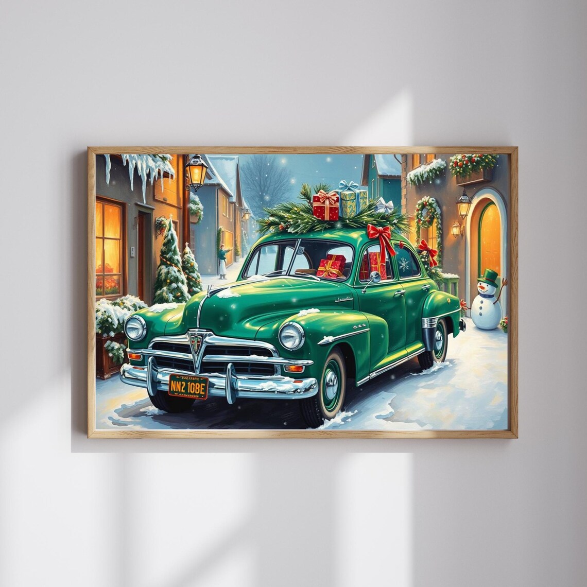 Green Vintage Car Christmas Tree Snowy Village Holiday Night Poster