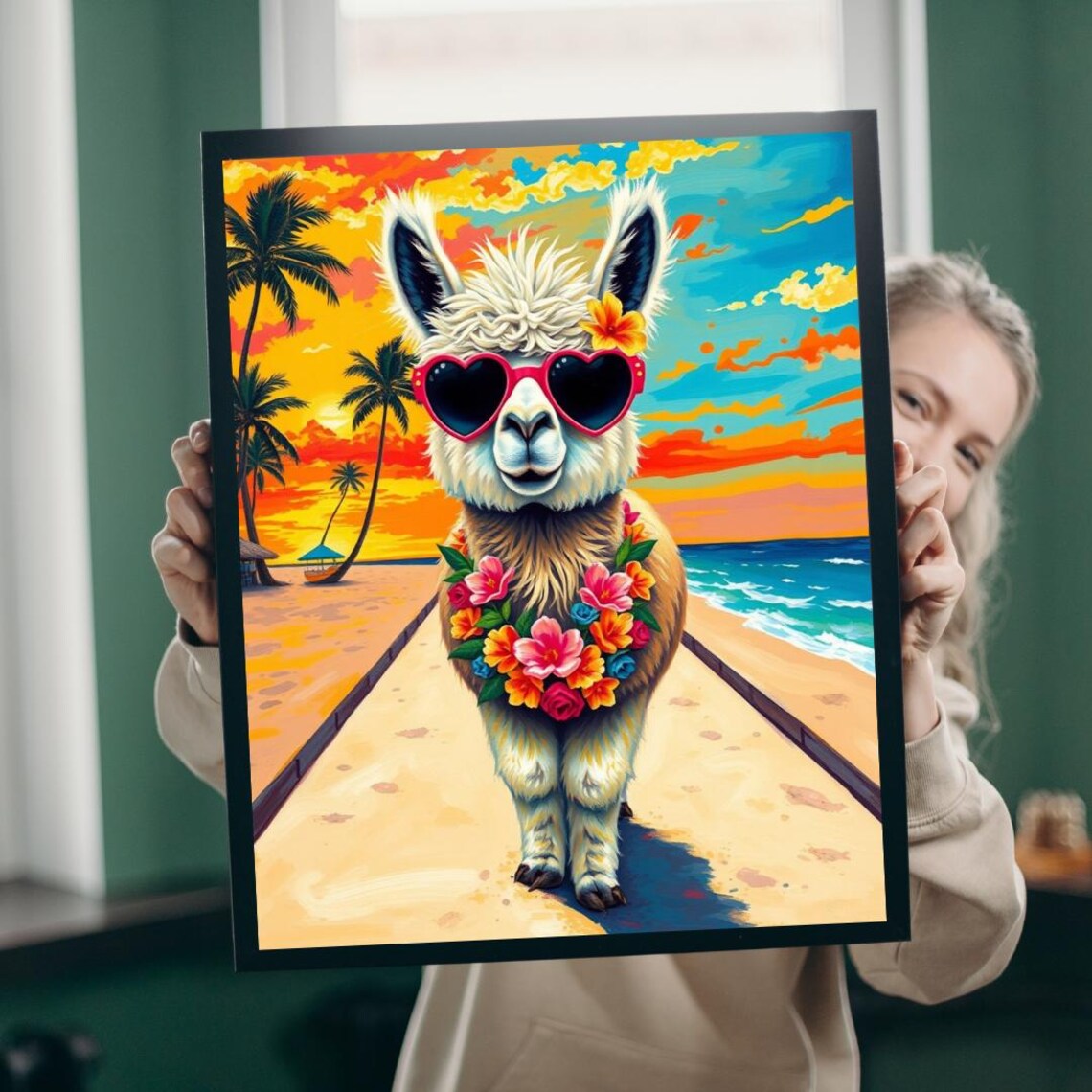Llama Beach Sunglasses Flower Lei Tropical Sunset Party Art Poster