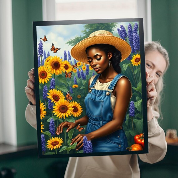 Sunflower Garden Woman Straw Hat Denim Overalls Floral Art Poster