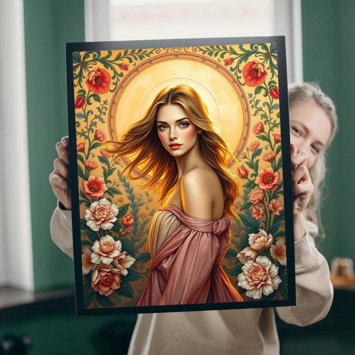 Woman with Peony Blossoms Golden Halo Rose Dress Portrait Poster