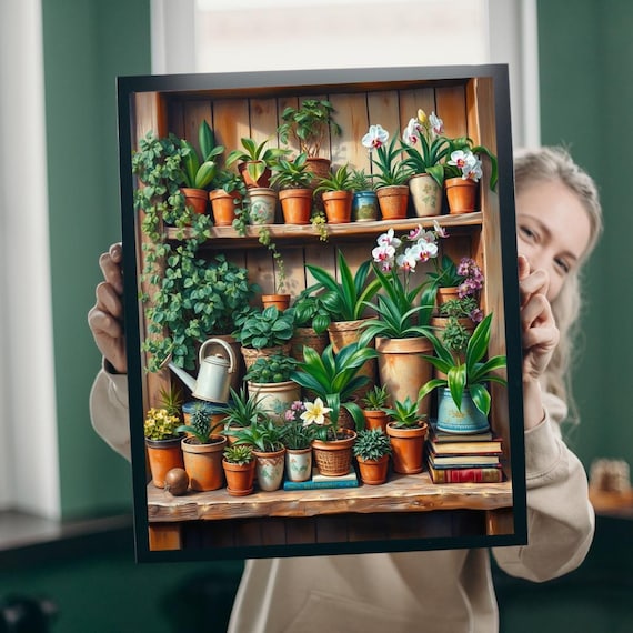 Potted Plants Orchids Succulents Wooden Shelf Botanical Art Poster