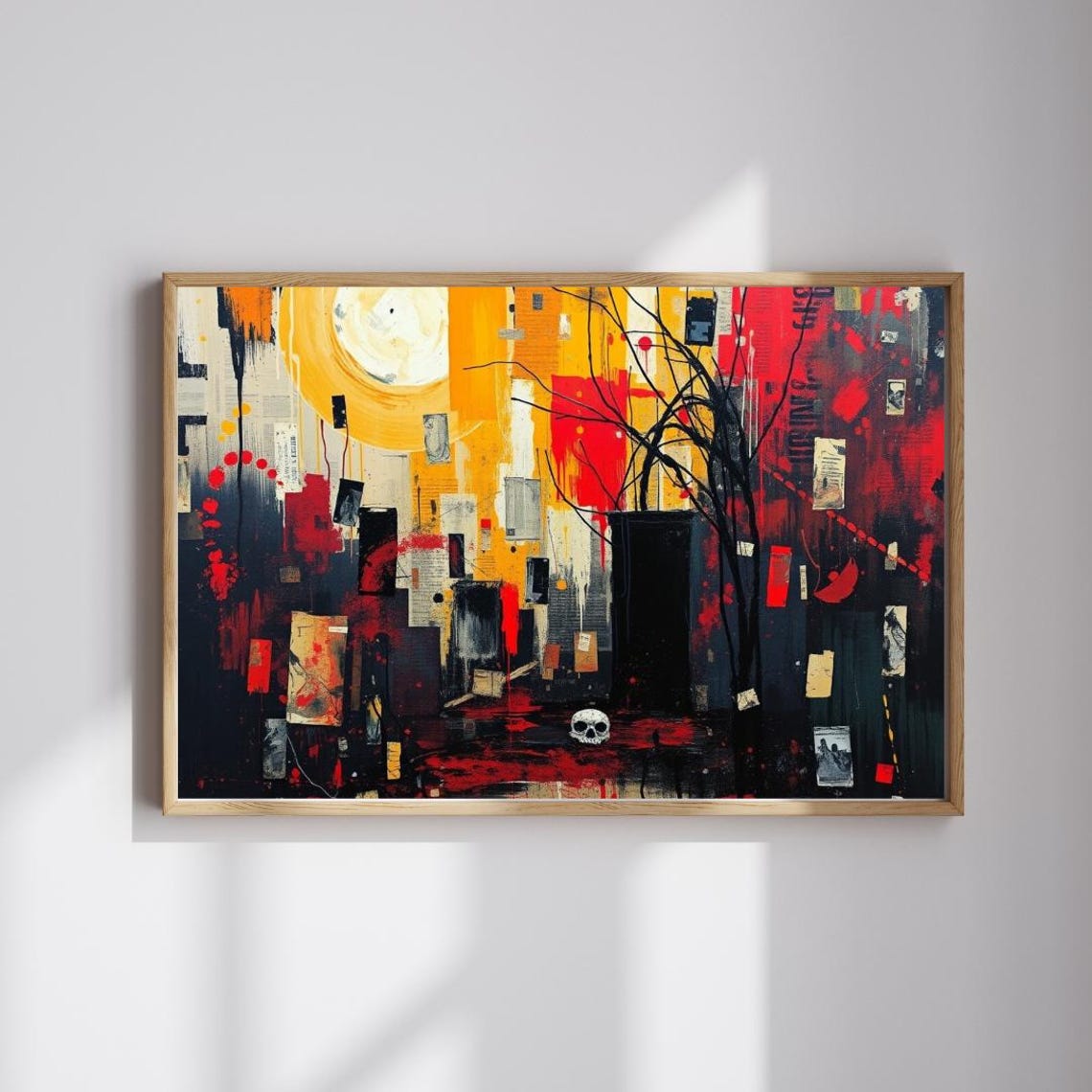 Bold Red Black Abstract Painting With Skull Moon And Bare Tree Poster