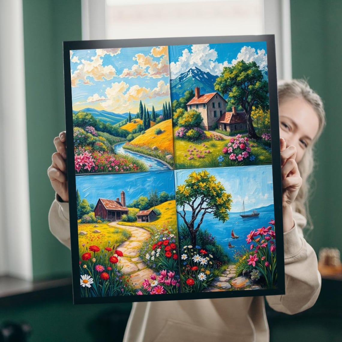 Summer Landscape Four Panel Poster Hillside Farm Seaside Oil Painting Art