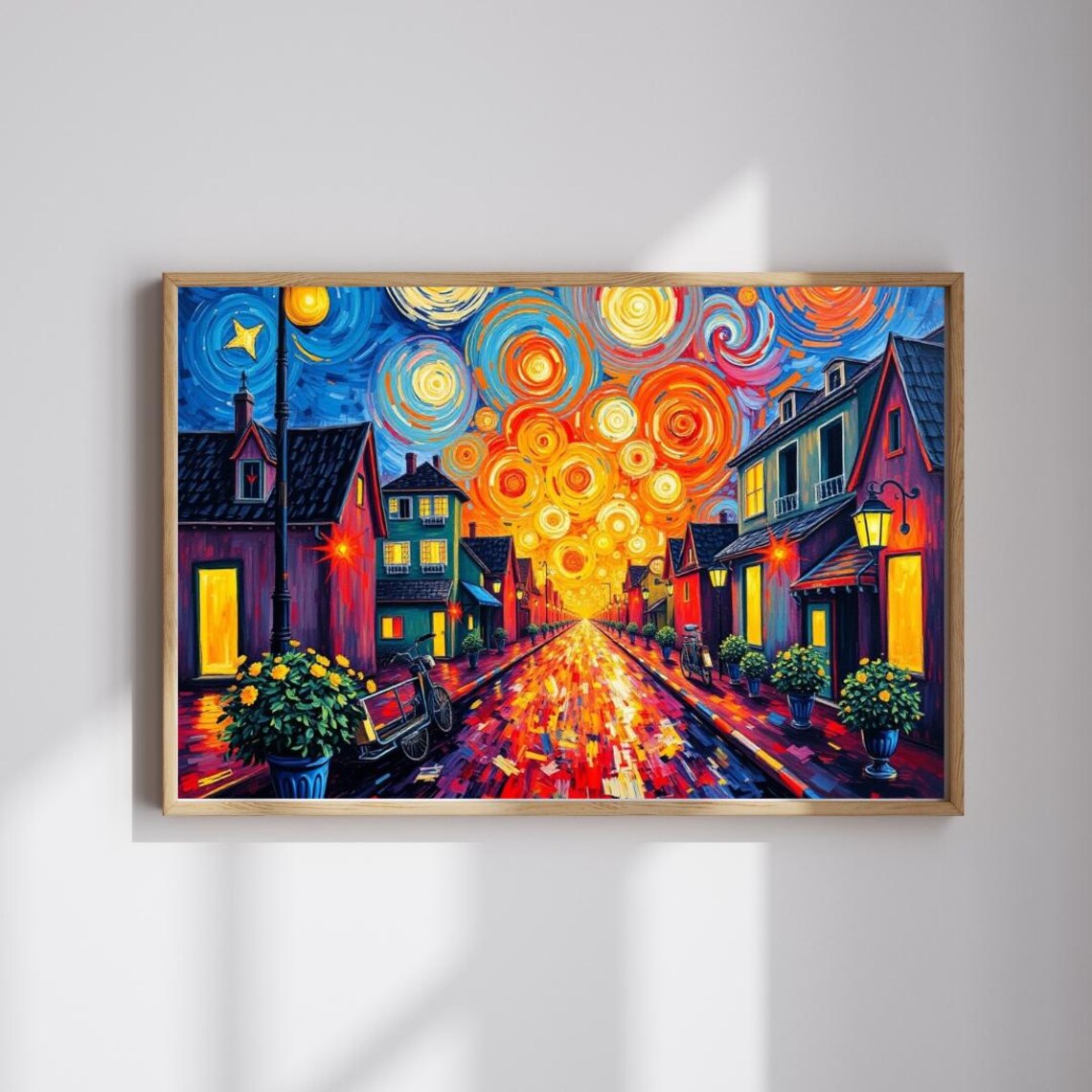 Starry Night Cobblestone Street Colorful City Painting Poster