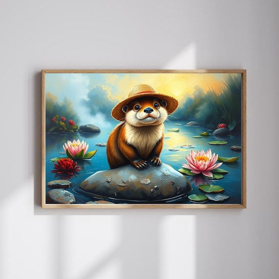 Adorable Otter Wearing Straw Hat Lily Pond Whimsical Wall Art
