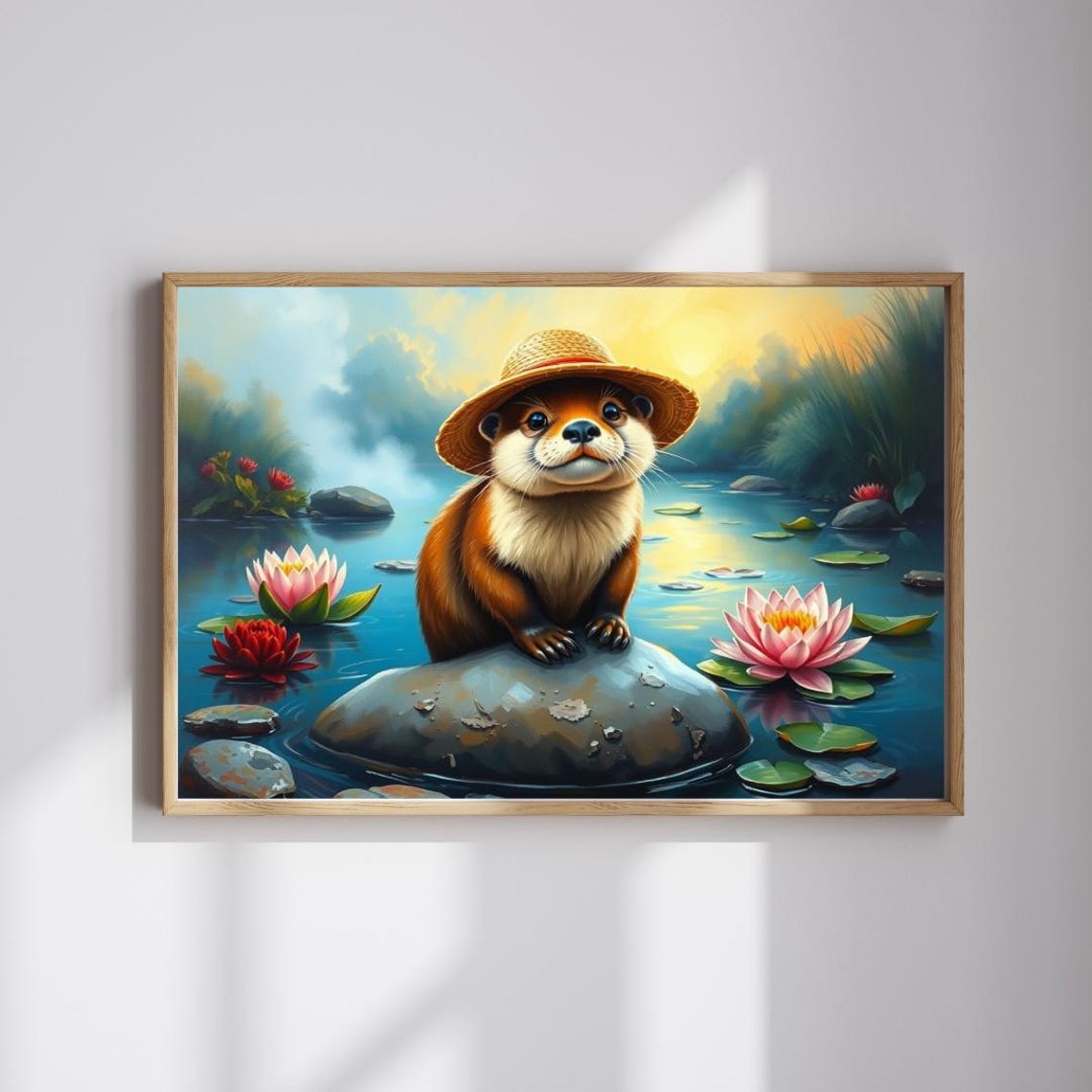 Adorable Otter Wearing Straw Hat Lily Pond Whimsical Wall Art