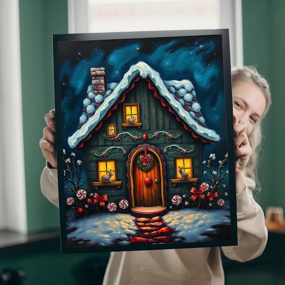 Cozy Christmas Cottage Snowy Night Candy Canes Bunny Scene Poster