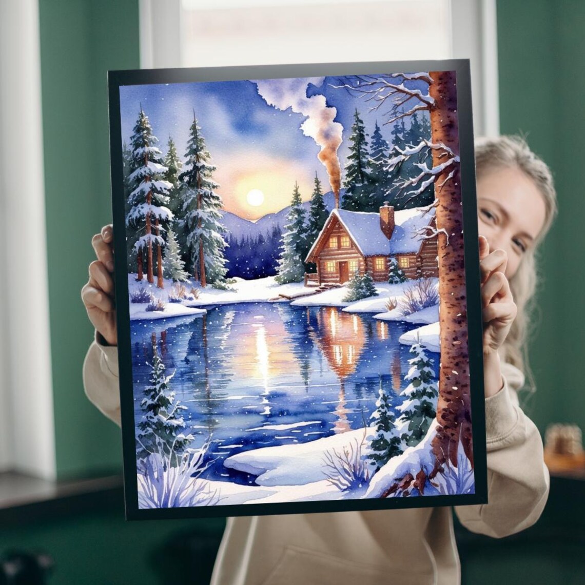 Winter Log Cabin Snowy Lake Sunset Watercolor Landscape Poster