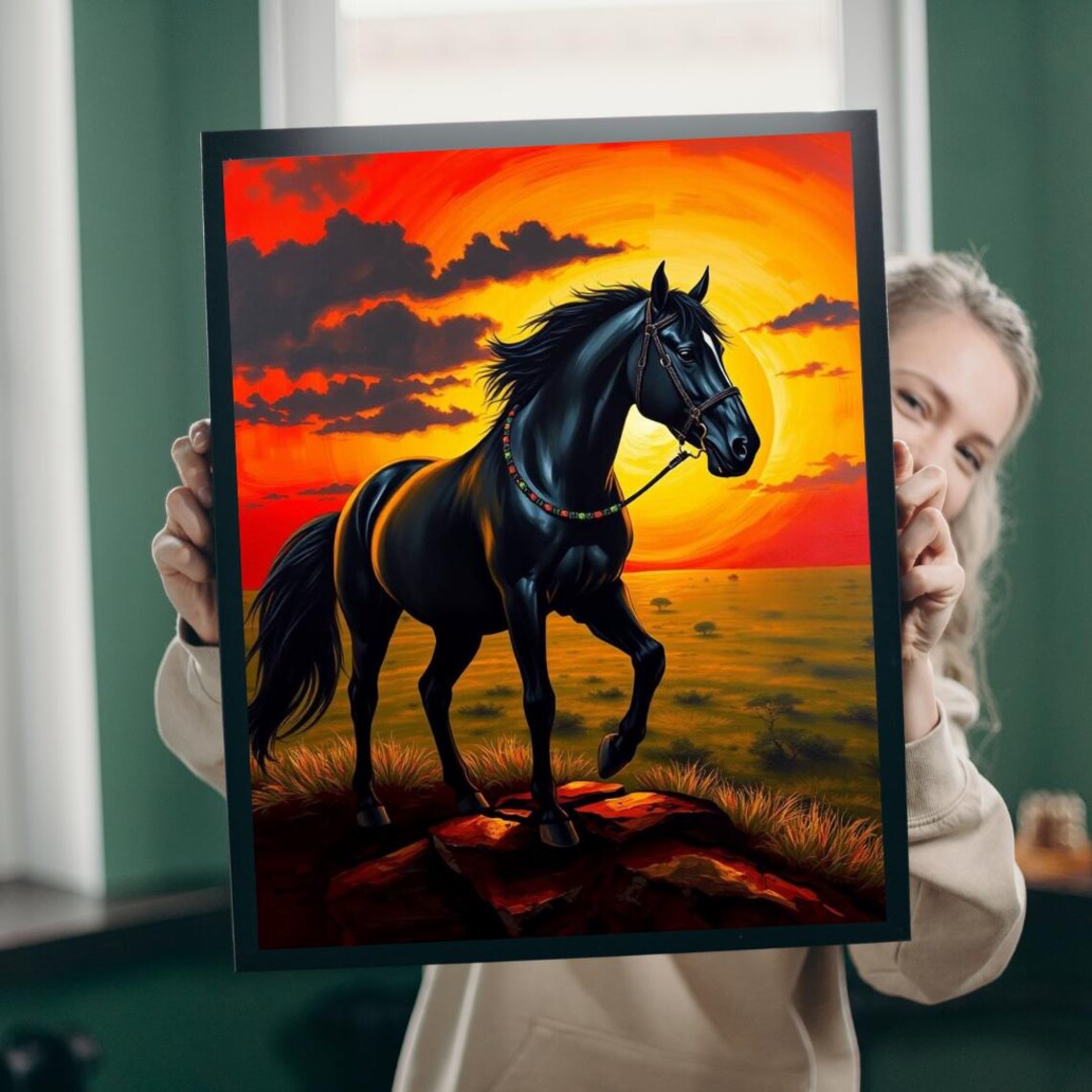 Black Horse At Sunset On Golden Savanna Dramatic Equestrian Poster