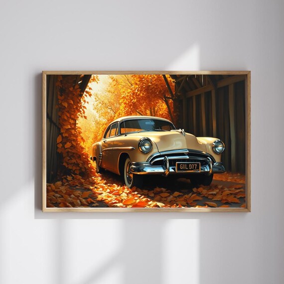 1953 Kaiser Manhattan Vintage Sedan Autumn Leaves Covered Bridge Poster