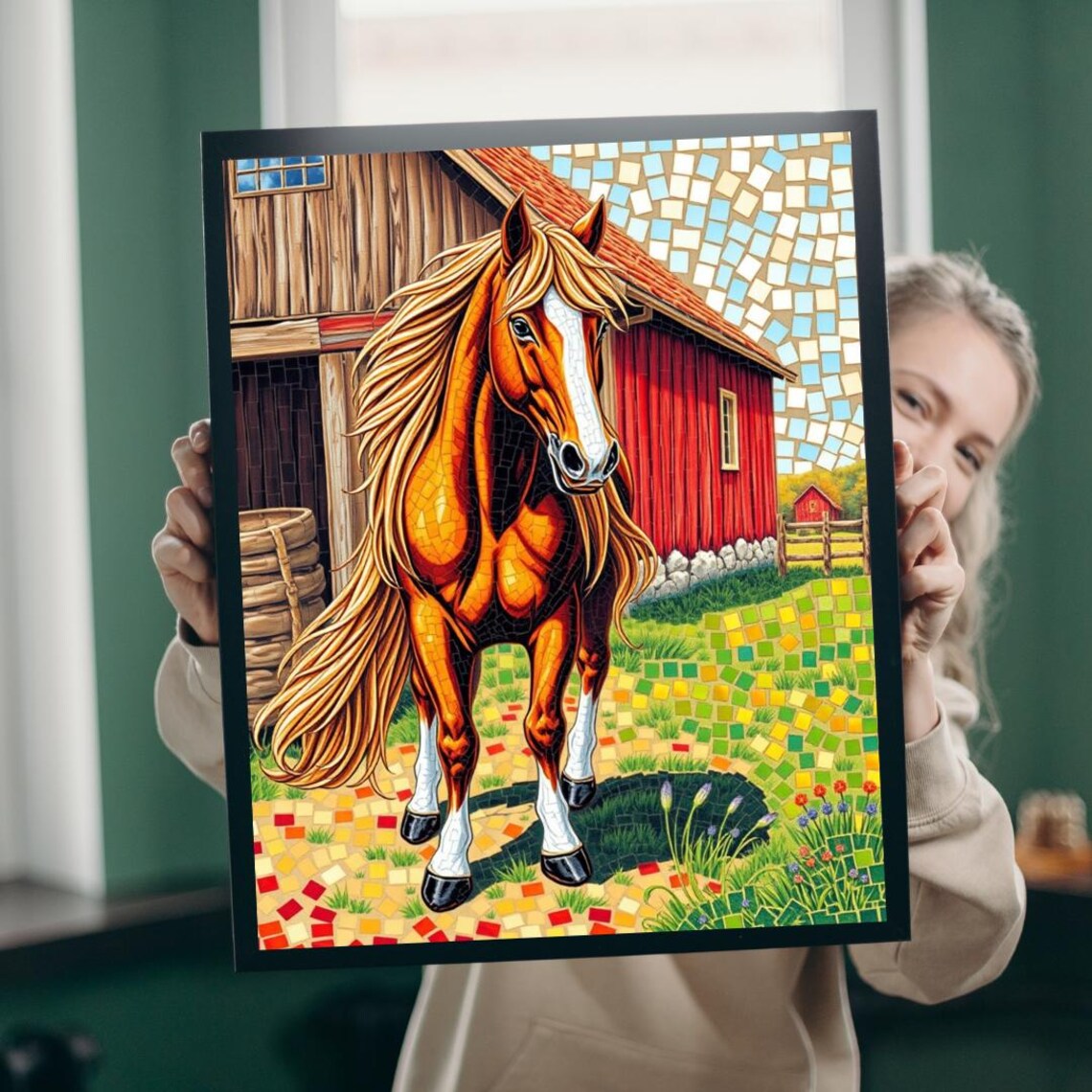 Colorful Mosaic Chestnut Horse Red Barn Barnyard Scene Art Poster