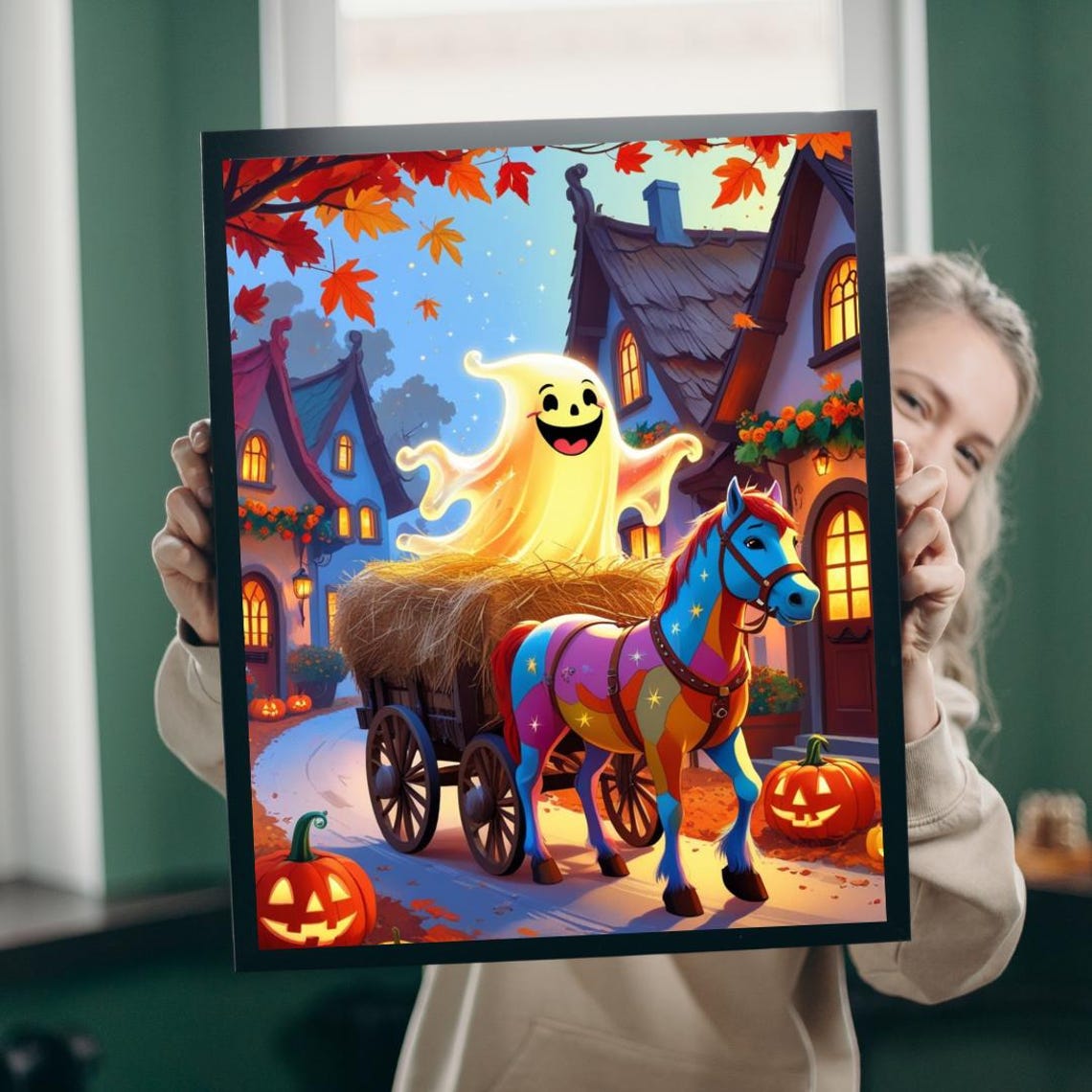 Friendly Smiling Ghost Hayride with Colorful Horse Halloween Poster