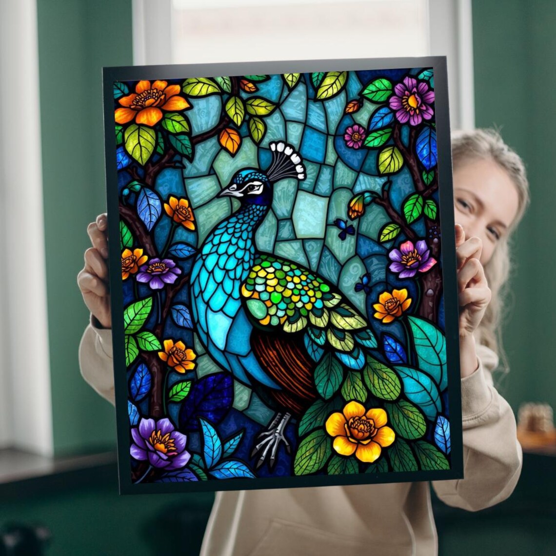 Vivid Peacock Stained Glass Style Floral Garden Bird Art Poster
