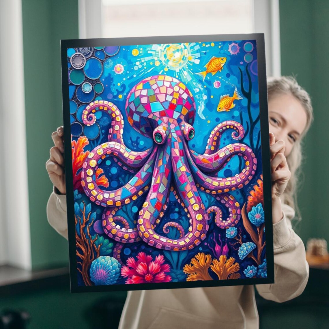 Colorful Mosaic Octopus Underwater Coral Reef Ocean Art Poster