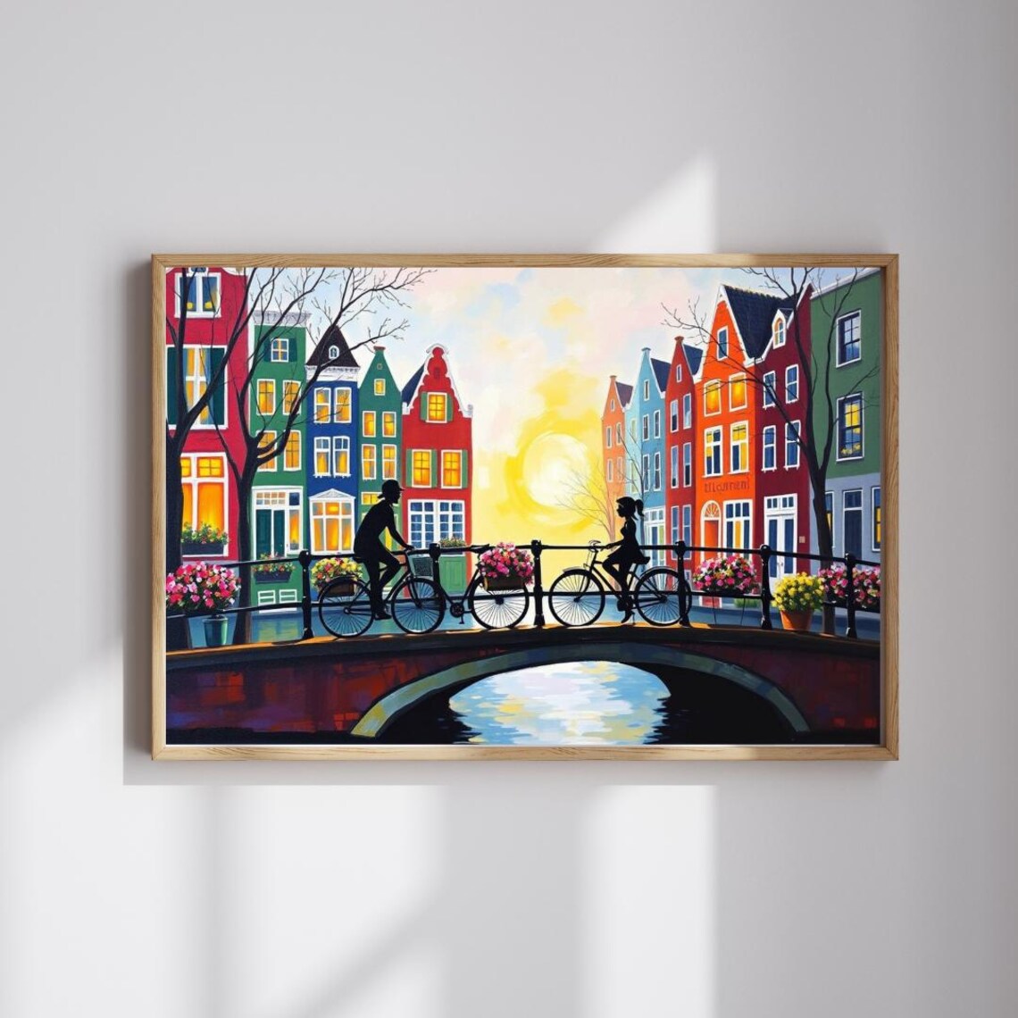 Amsterdam Canal Bridge Cyclists Sunset Colorful Houses Art Poster