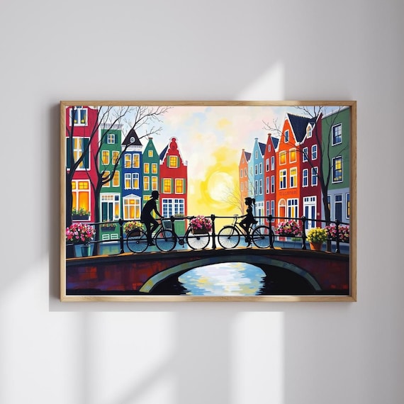Amsterdam Canal Bridge Cyclists Sunset Colorful Houses Art Poster