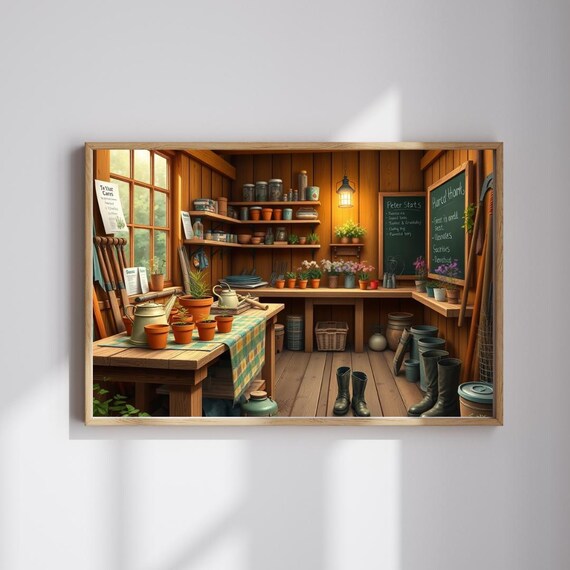 Rustic Garden Shed Potting Bench Cottage Workshop Scene Poster