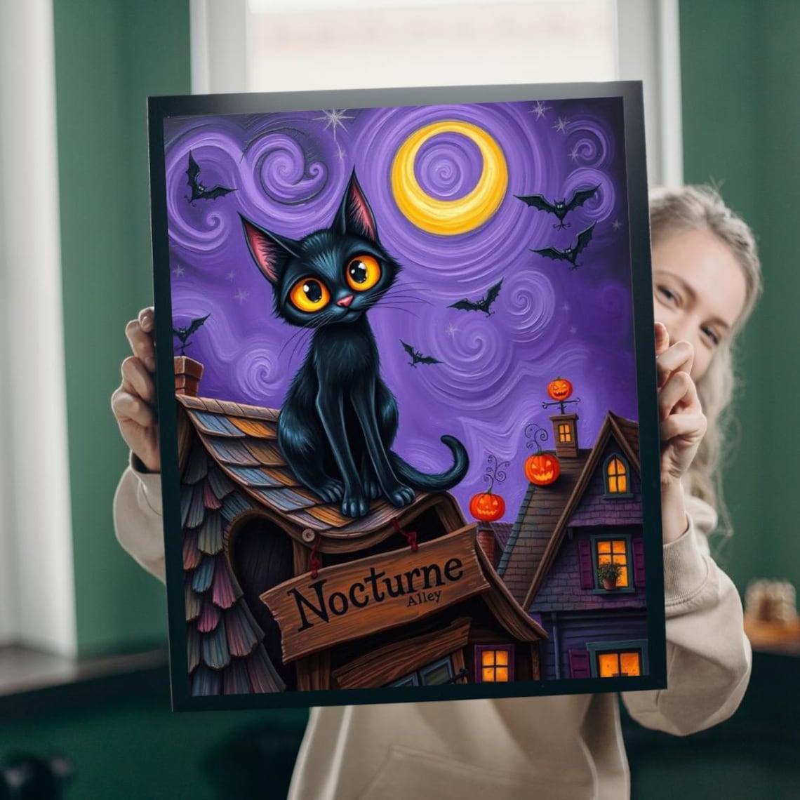 Black Cat Rooftop Halloween Purple Moon Haunted House Nocturne Poster