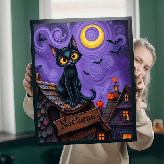 Crooked Rooftop Black Cat Jigsaw Puzzle Spooky Halloween Moon Design