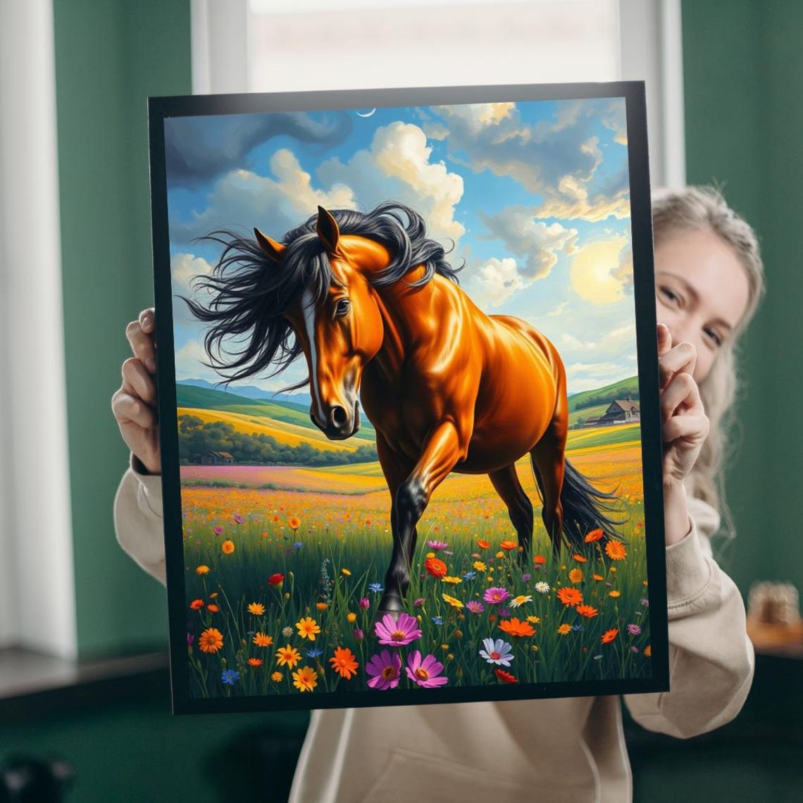 Chestnut Horse Galloping Through Wildflower Meadow Sunny Poster