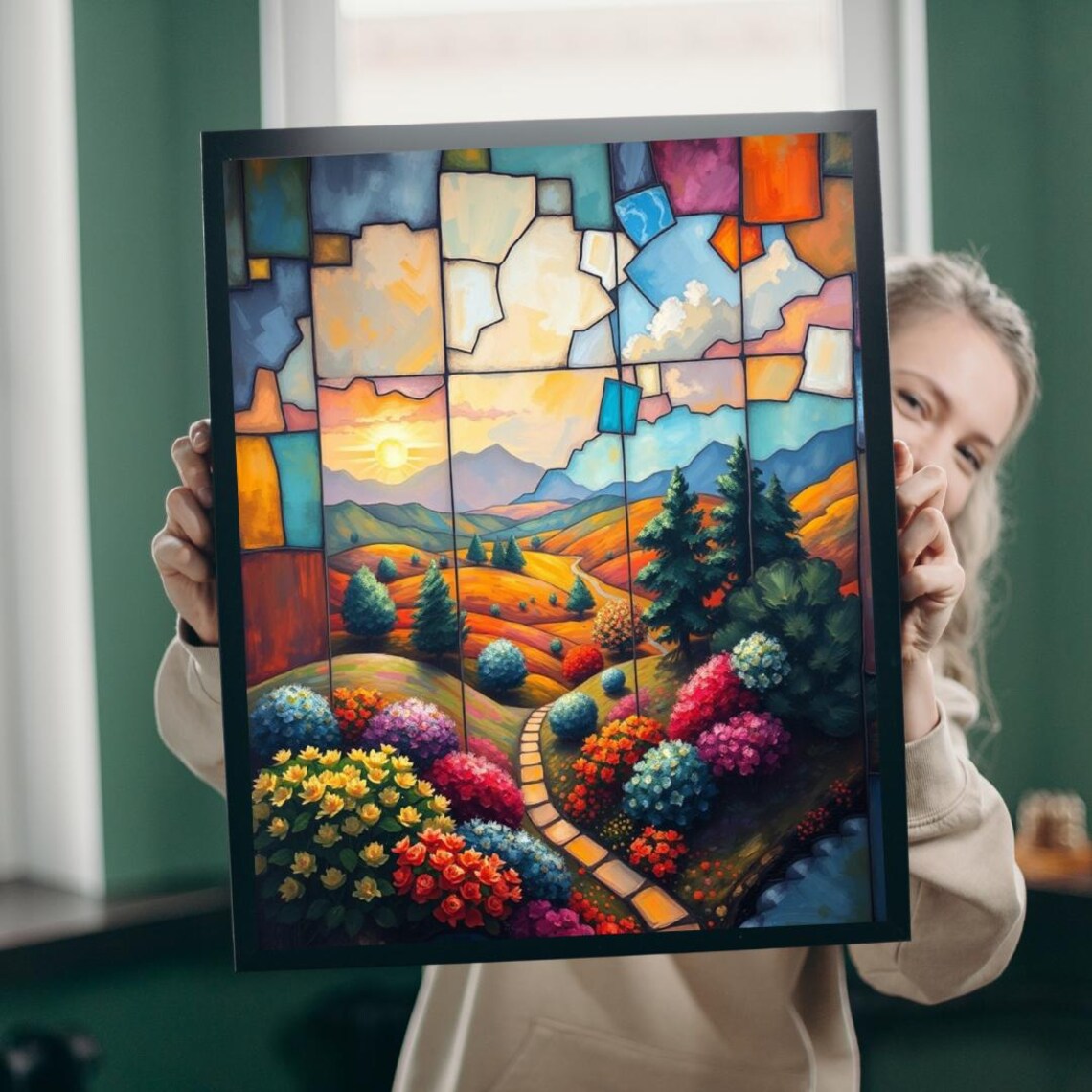 Chromatic Vale Sunrise Rolling Hills Stained Glass Art Poster