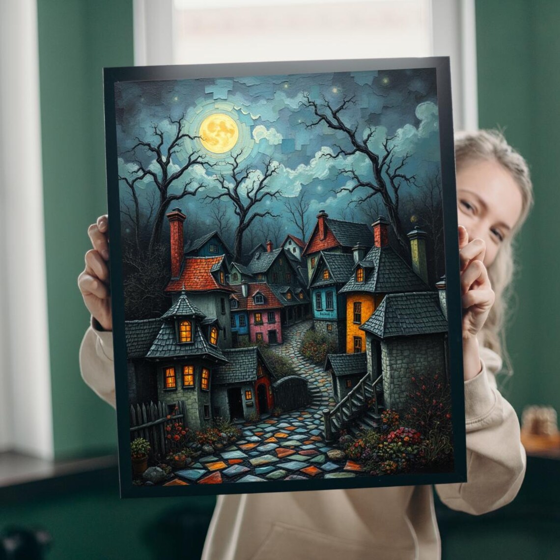 Moonlit Old Village Cobblestone Street Night Puzzle Art Poster