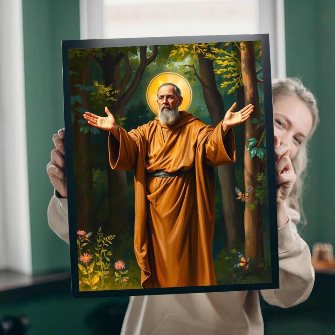Saint Francis of Assisi with Open Arms in Forest Devotional Art Poster