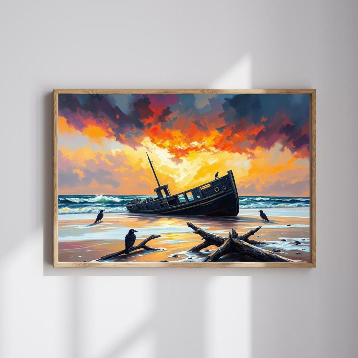 Gothic Shipwreck Beached Sunset Beach Crows Dramatic Art Poster