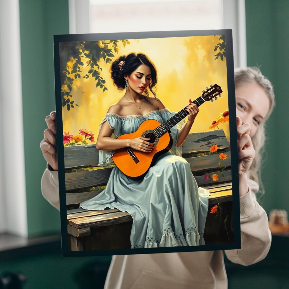 Latina Guitarist in Golden Garden with Flowers Music Portrait Poster