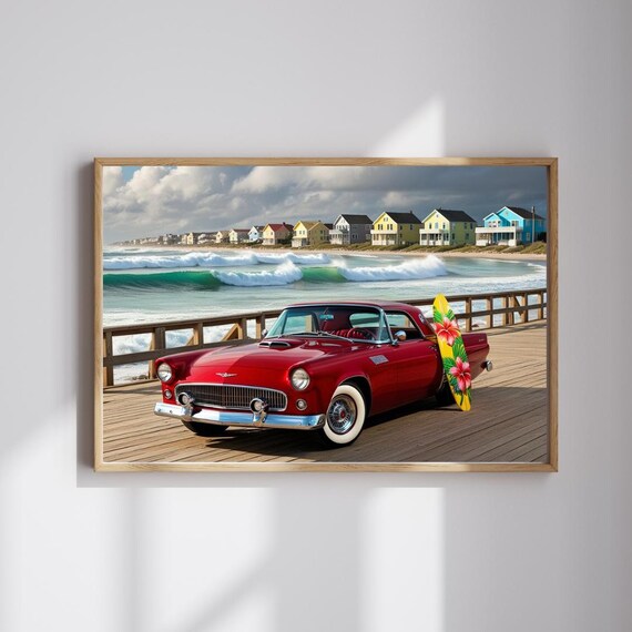 Vintage Classic Red Convertible Beach Boardwalk Surf Summer Art Print