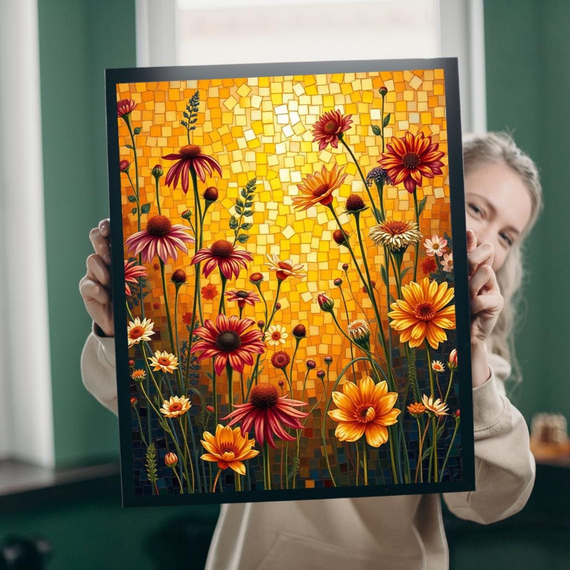 Golden Mosaic Wildflower Poster Sunset Tiles Echinacea Bloom Artwork