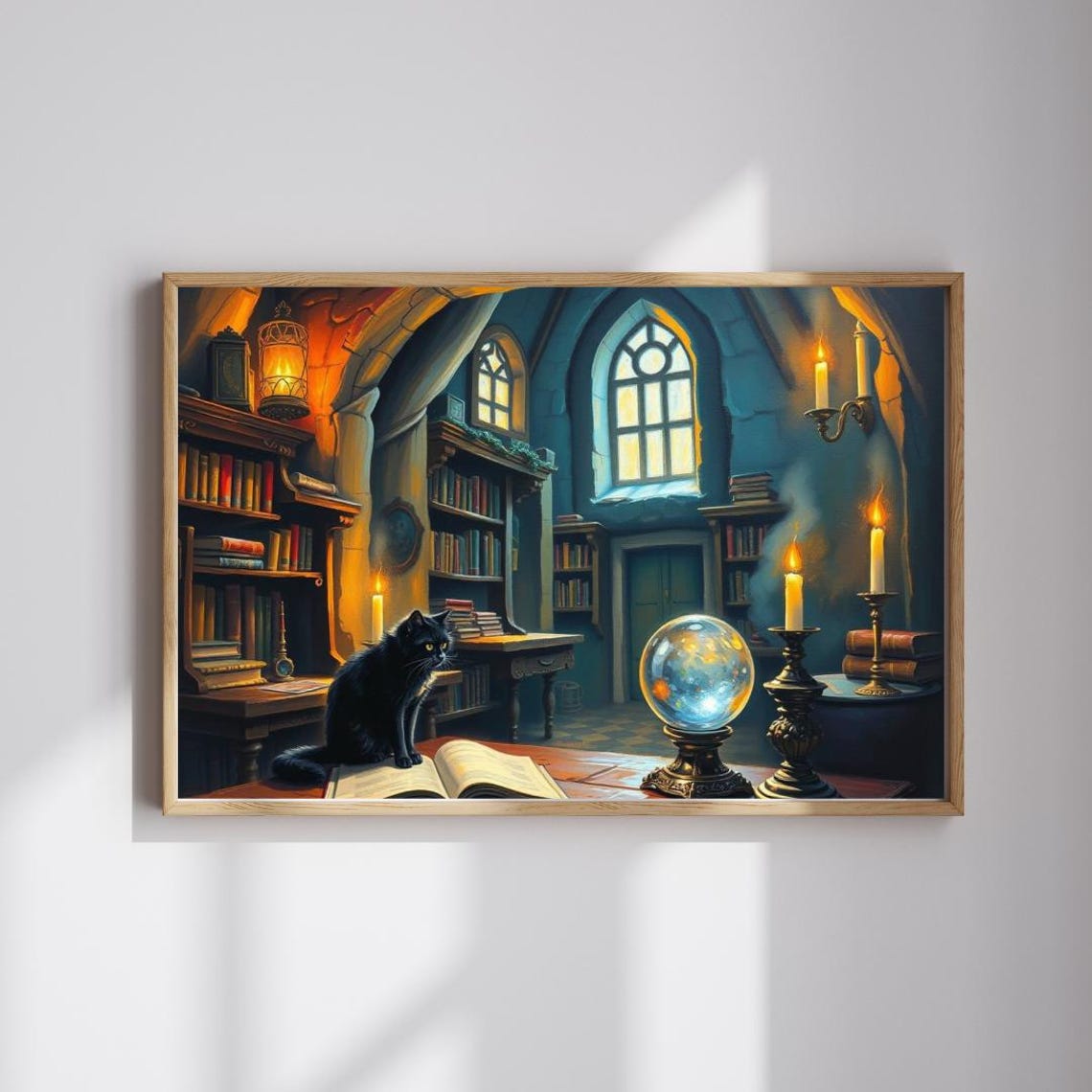 Enchanted Black Cat Library Scene Gothic Wizard Room Art Poster