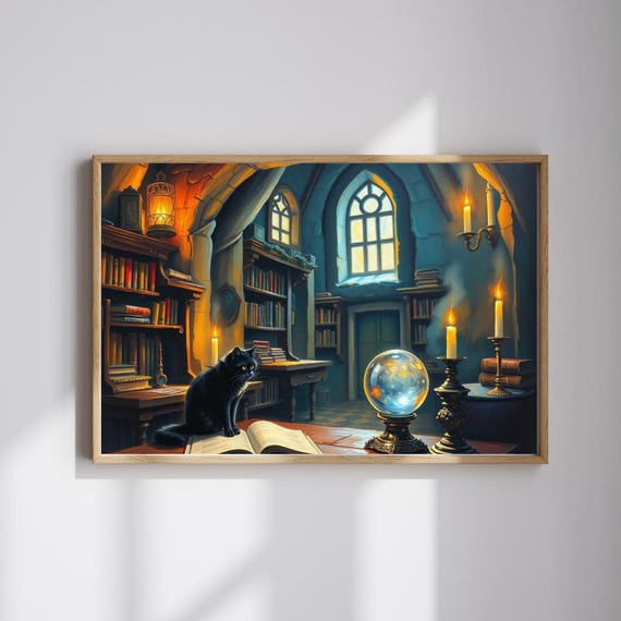 Enchanted Black Cat Library Scene Gothic Wizard Room Art Poster