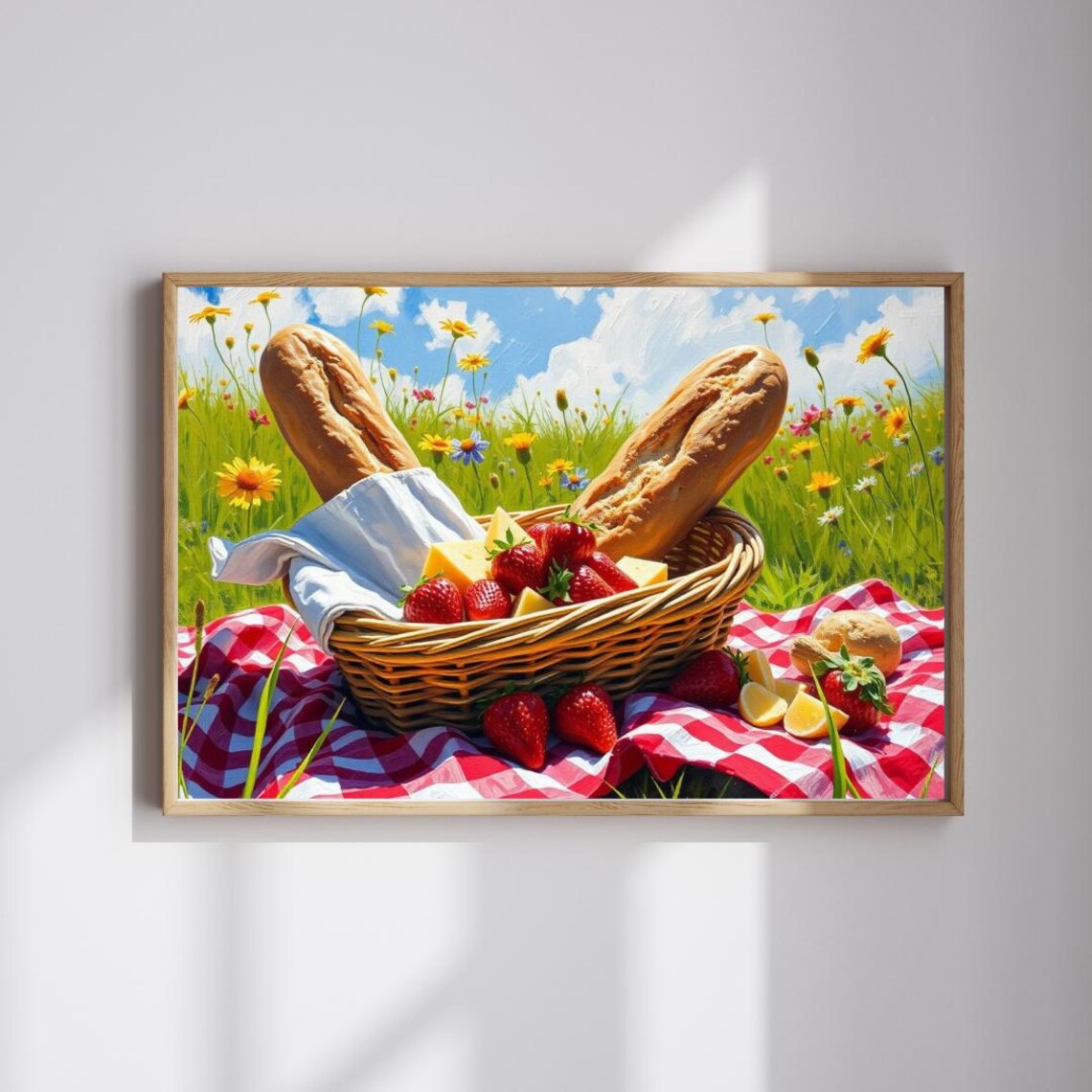 Spring Picnic Basket With Baguettes Strawberries Sunny Meadow Poster