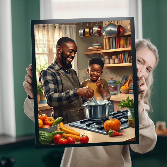 Black Family Cooking Jigsaw Puzzle African Father Son Kitchen Scene Afrocentric Art