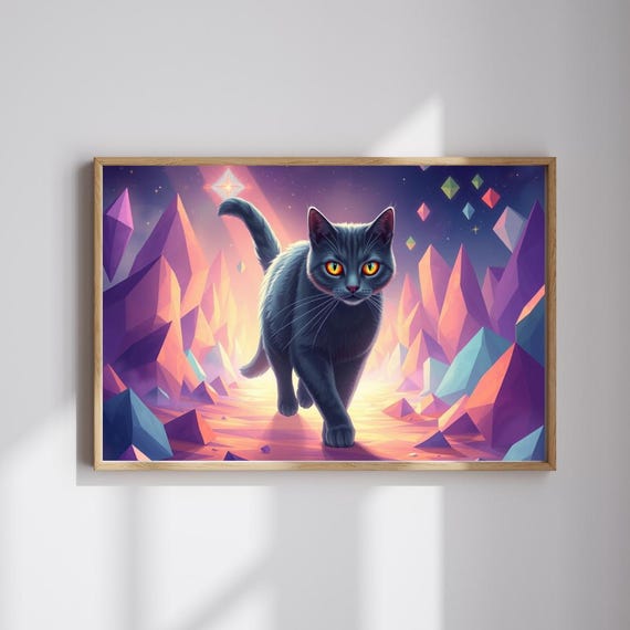 Black Cat Crystal Poster Mystical Fantasy Feline Purple Gemstone Artwork