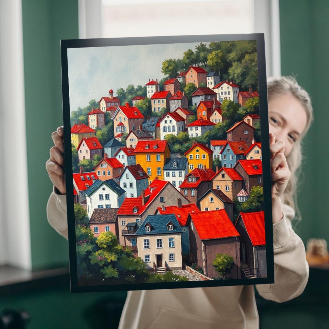 Charming European Hilltop Village Red Rooftops Painting Art Poster