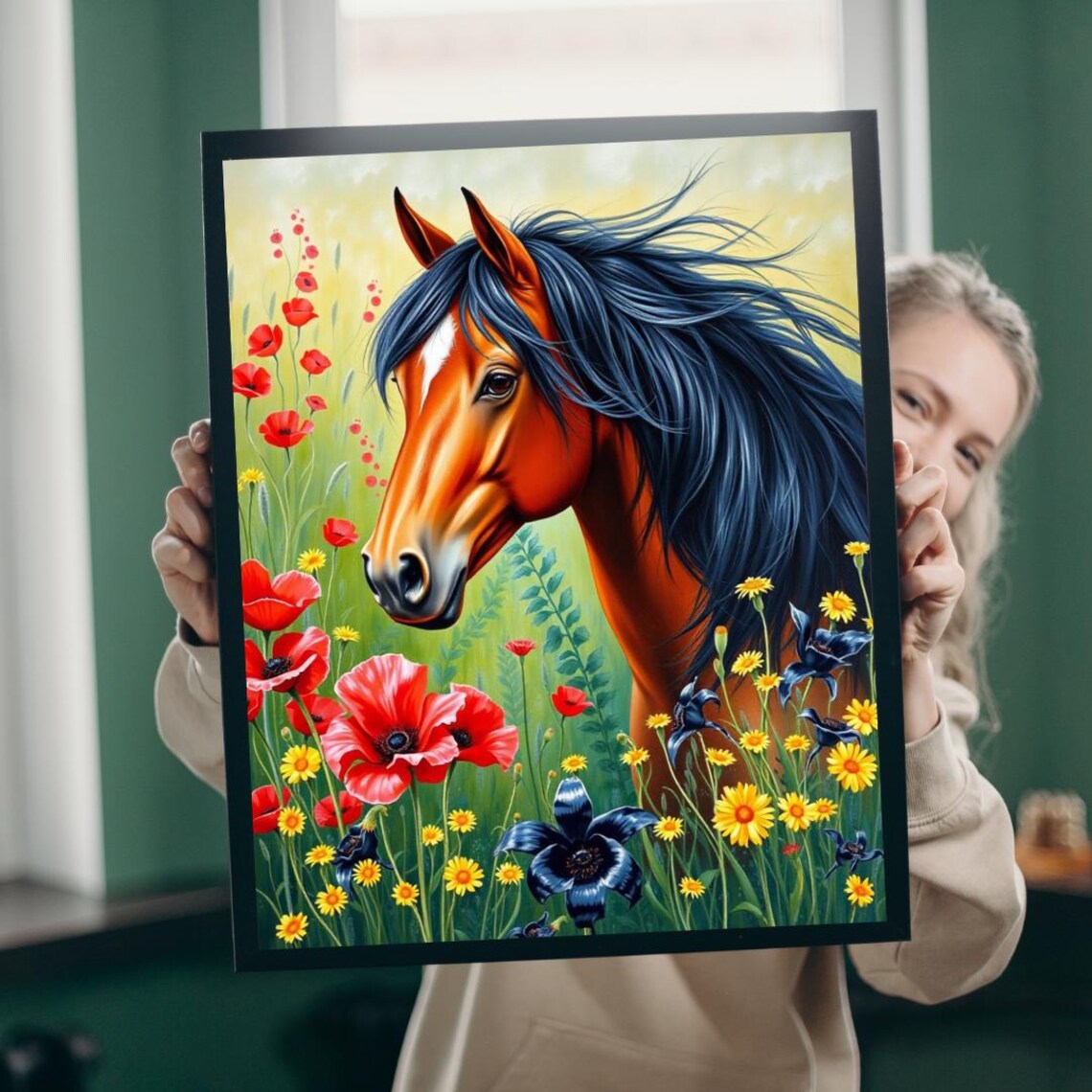 Chestnut Horse Among Red Poppies Colorful Wildflower Meadow Poster